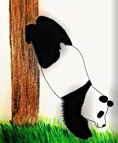 selbstgezeichneter Panda im Kopfstand uriniert an Baumstamm